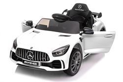 Mercedes AMG GTR hvid, 12V, gummihjul og lædersæde