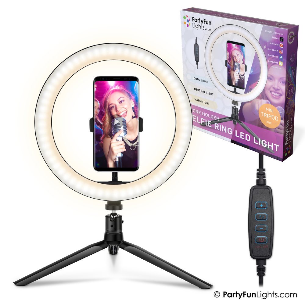 våben Sequel dis PartyFun Selfie ring LED lys 26cm, stativ og telefonholder, Bluetooth