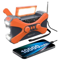 Alcotell nødradio med lygte, powerbank håndsving 10.000Mah, solcelle, FM/AM radio