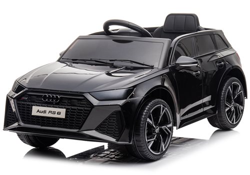 Uds. Audi RS6 sort, 12V, med gummihjul - SKAL AFHENTES
