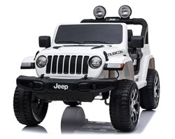 Jeep Wrangler Rubicon Hvid med 4 x 12V motor, lædersæde og gummihjul.